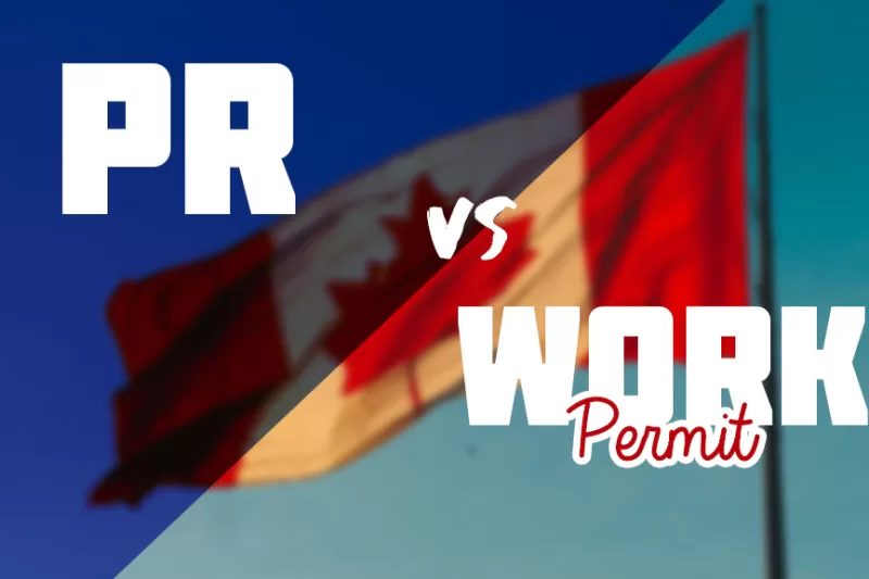 Canadian PR vs. Work Visa written on a waving Canadian flag.