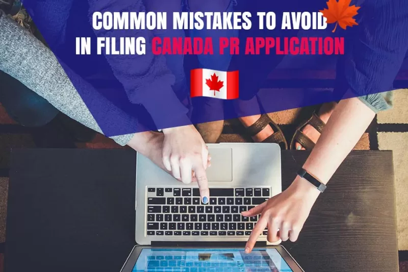 Students hands pointing to the laptop screen. At the top there is title written "Common mistakes to avoid in your Canada PR application"