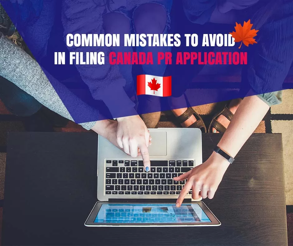 Students hands pointing to the laptop screen. At the top there is title written "Common mistakes to avoid in your Canada PR application"